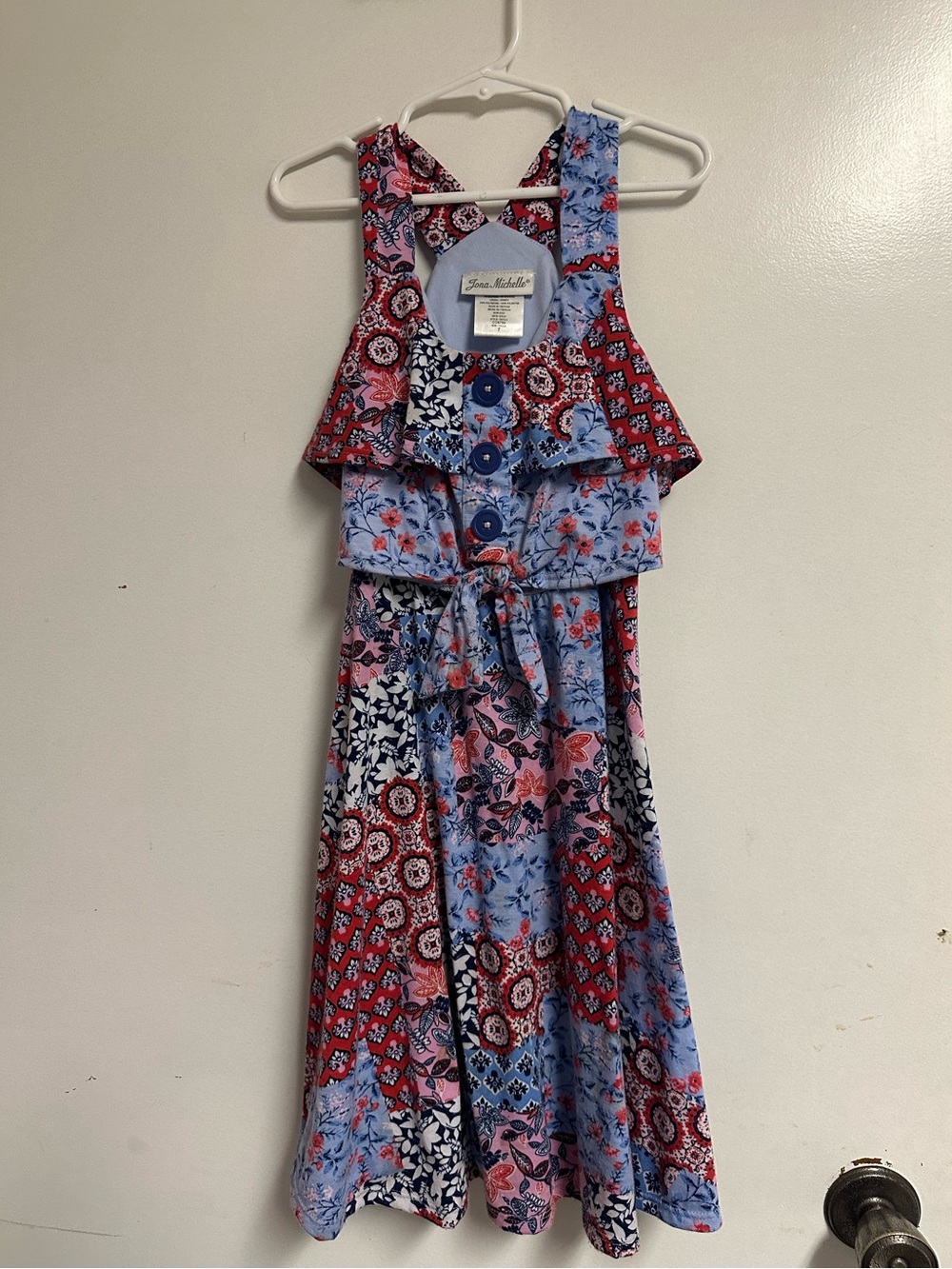 Girls size 7y Jona Michelle Floral Patchwork Dress in Blue & Red.